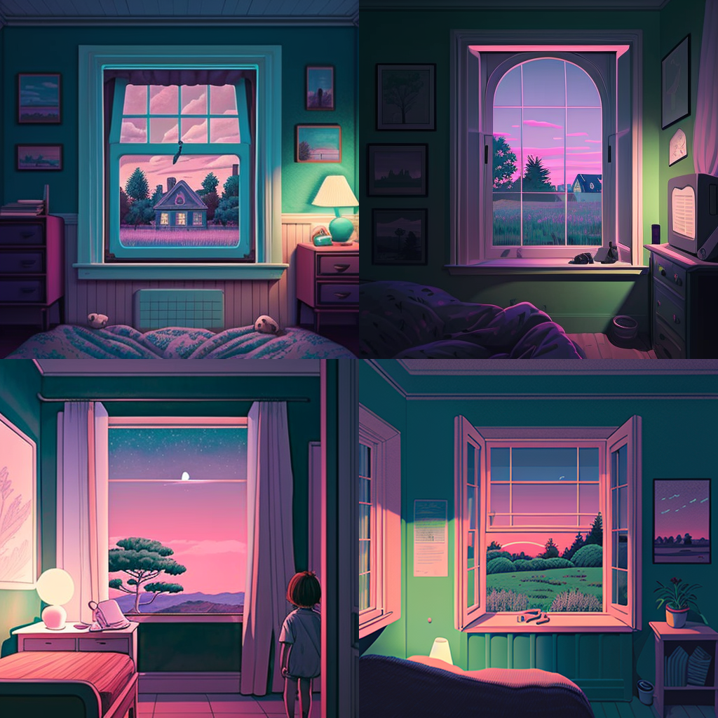 child&#39;s bedroom, large window looking out into field, twilight, vaporwave, Wes Anderson perspective, illustration, high detail