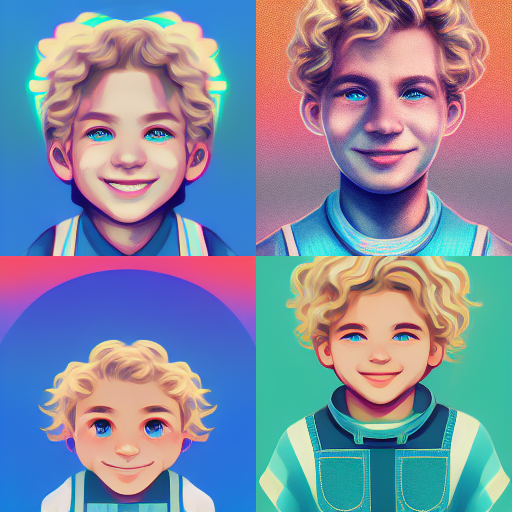 young boy, curly blonde hair, blue eyes, smiling, wearing dungarees, futuristic farm, hyperrealistic eye contact, illustration, vaporwave